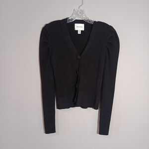 Industry Black Ribbed Puff Shoulder Button Front Cardigan Sweater Size L